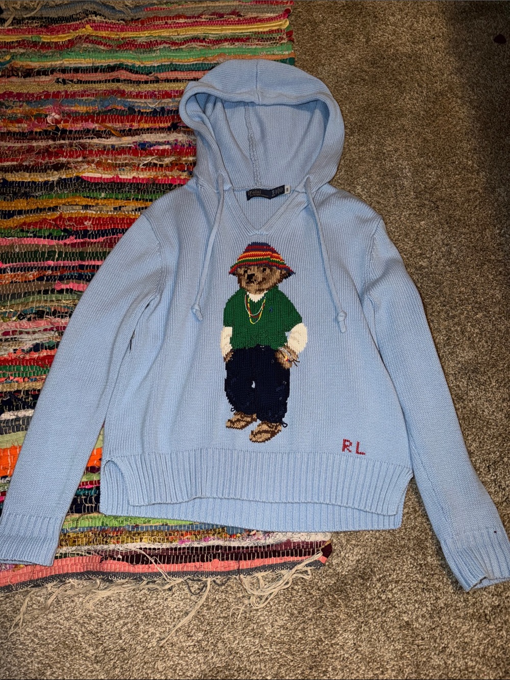 Ralph Lauren Light Blue Polo Bear V-Neck Hoodie Sweater